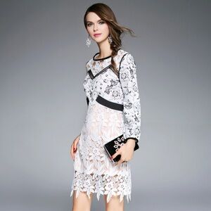 Self-Portrait White & Black Swallow Guipure Lace Sheath Dress w/ Bishop Sleeves